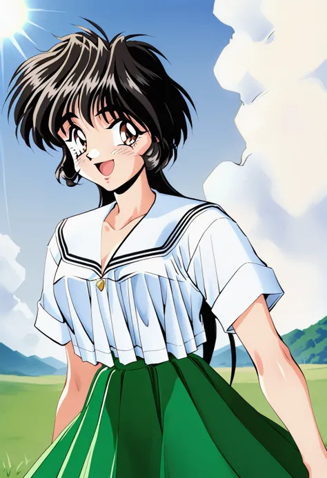 1girl, solo, (field:1.2), (sky:1.2), (sunlight:1.2), smile, open mouth, cowboy shot, retro artstyle, 1990s (style), 
inuzuka_saori, brown eyes, black hair, long hair, school uniform, serafuku, white shirt, short sleeves, white sailor collar, pleated skirt,...