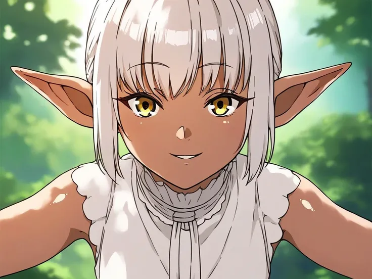 <lora:Frieren_Girls-PonyXL-1024px-v1.2:0.9>
score_5_up,score_6_up, 
1girl, solo, leaning forward, looking at viewer, white dress,  dark-skinned female, short white hair, bangs, eyebrows_visible_through_hair, pointy ears, parted lips, smile, yellow eyes, sh...