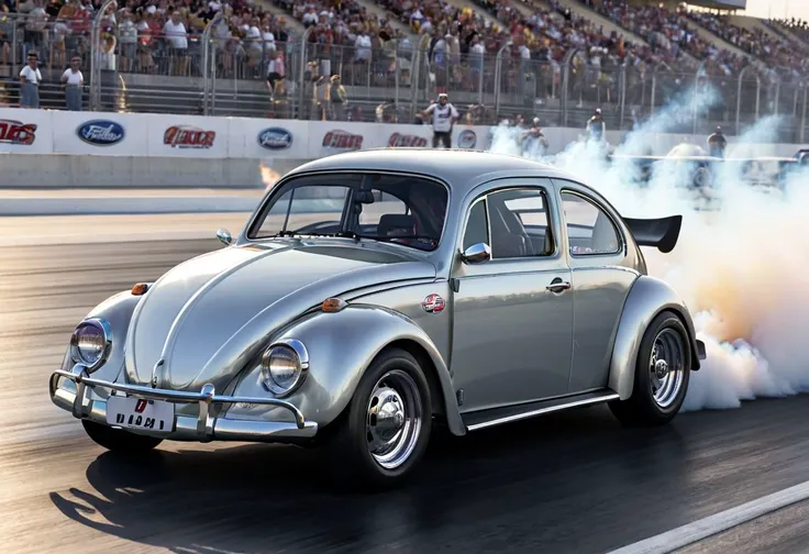 Silver black fusc4 photo, volkswagen beetle, at the drag strip, drag race, racing wheels, slicks, racing stickers, burnout, smoke, dragster, funny car, crowds, fast and furious, (sharp forcus, highly detailed, 8k, best quality, masterpiece, ultra highres:1...