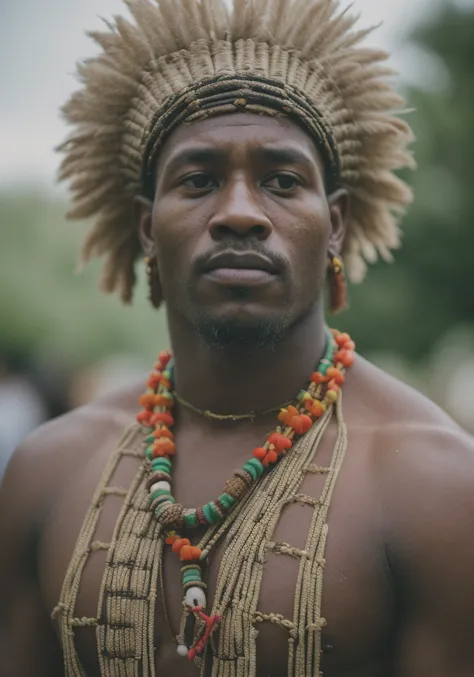 Highly detailed, [35mm Film Photography], GS-Masculine, (he portrait captures the essence of the African mans proud heritage, emphasizing the intricate details of his traditional tribal outfit. His attire is adorned with vibrant patterns and decorative ele...