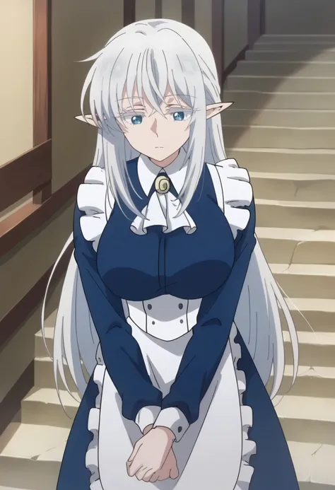 <lora:Schnee Raizer:1> schnee raizer, long hair, 1girl, pointy ears, white hair, elf, solo, hair between eyes, blue eyes, large breasts        , maid, blue dress, long sleeves, white apron, maid apron, white ascot,  brooch, expressionless,, score_9, score_...