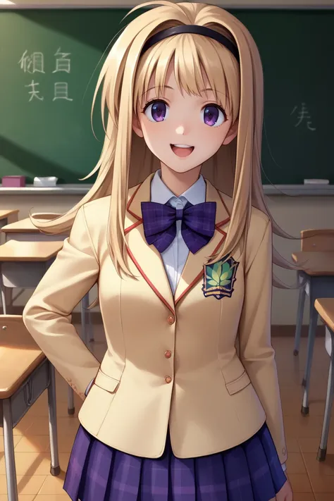 score_9, score_8_up, score_7_up, score_6_up, source_anime, BREAK 1girl,  <lora:chnanami-pdxl-nvwls-v1-000006:1> chnanami, blonde hair, purple eyes, hairband, bowtie, yellow blazer, plaid skirt, pantyhose, happy, looking at you, classroom, chalkboard