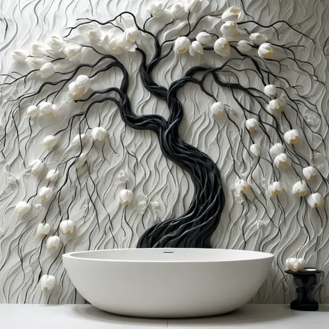 <lora:artfullyTULIPWILLOW_SDXL_V1:1>, arttlpwllw, carved relief, 3d, sculpture, exquisite, black and white, elegant, minimal, decadence, beautiful,willow and tulip, clouds, water, flowers, roots and trunk entertwined, repeating pattern, tiled, bathroom wal...