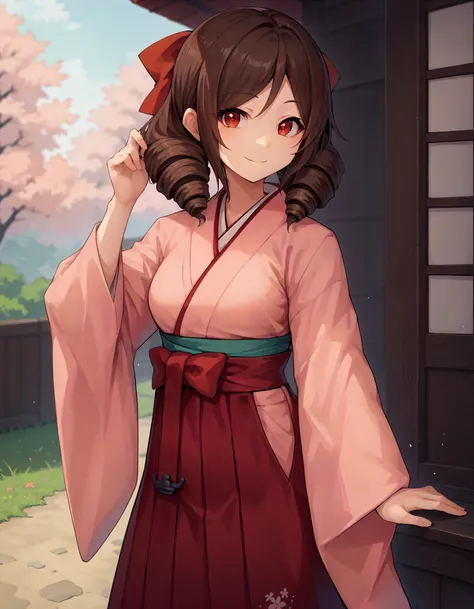 score_9,score_8_up,score_7_up,source_anime,
1girl,solo,cowboy shot,looking at viewer,smile,
<lora:harukaze_ponyXLV6:0.6>,kchrkz,brown hair,twin drills,red eyes,
red bow,
japanese clothes,pink kimono,red hakama skirt