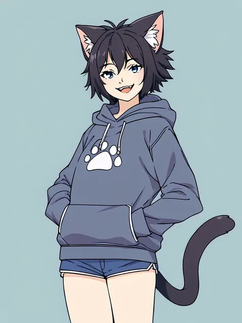 <lora:Frieren_Girls-PonyXL-1024px-v1.2:0.9>
score_5_up, score_6_up,  
1girl, solo, hands in pockets, standing, cat hoodie, paw print, short shorts, black hair, blue eyes, animal ear fluff,  cat_tail, smile, open mouth, simple background