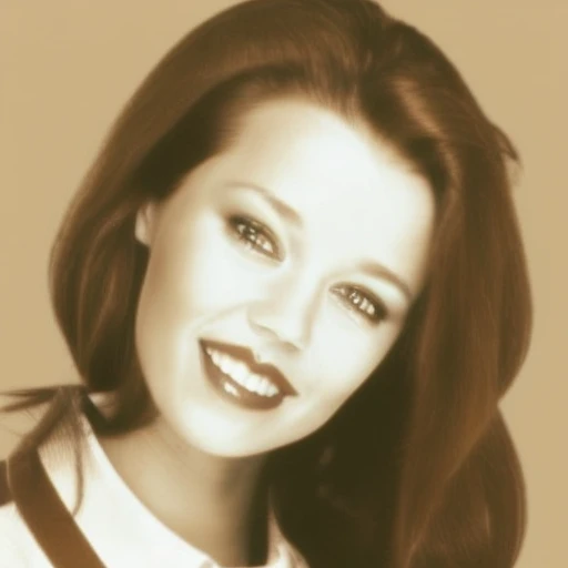 monochrome, smile, collared shirt, blurry background, sweater, sepia, red lips, brown hair, iveta, bare shoulders