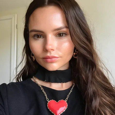 Looking straight at the camera, skin texture, Instagram closeup selfie of a woman with beautiful wavy hair wearing a heart necklace,f/1.8,wearing a tutleneck shirt, elxpowell,  <lora:elpowell_juggerX_xl_1_standard_wocap-elxpowell-000092:1>