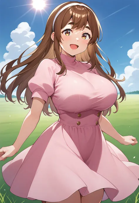 1girl, solo, (field:1.2), (sky:1.2), (sunlight:1.2), smile, open mouth, cowboy shot, large breasts, 
nobukuni_nodoka, brown eyes, brown hair, long hair, thick eyebrows, white hairband, pink dress, puffy short sleeves, <lora:nobukuni_nodoka_pony_ver1:0.8>, ...