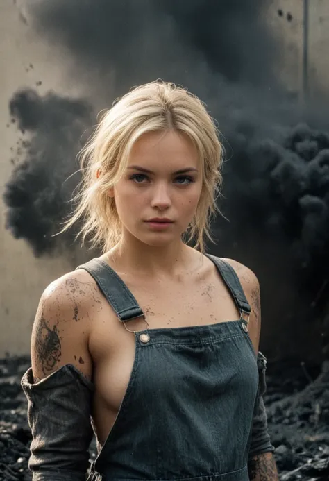 steel mill,sparks,molten steel being poured,steam,black smoke,smoke,volumetric,closeup portrait photo of woman,(blonde hair:1.4),freckles,large bosom,work overalls,dirty tshirt,worn-denim-overalls,gloves,(dirty skin:1.4),soot,gritty,28 years old,(soot on a...