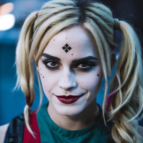 high res closeup portrait photo of an actress dressed as harley quinn, f /2.8, canon, 85mm,cinematic, high quality, skin texture...