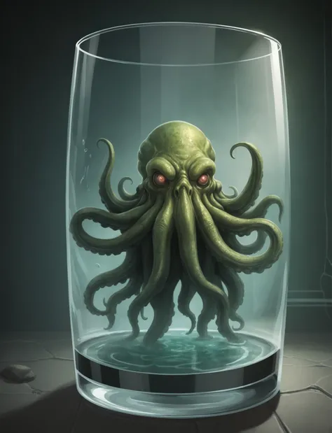 illustration, concept art, comic. cthulhu trapped in a glass