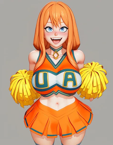 score_9, score_7_up, BREAK ,rating_explicit,
uacheerlead, 1girl, breasts, long hair, blue eyes, cheerleader, solo, navel, large breasts, smile, open mouth, midriff, crop top, looking at viewer, choker, blush, shirt, orange skirt, character name, :d, teeth,...