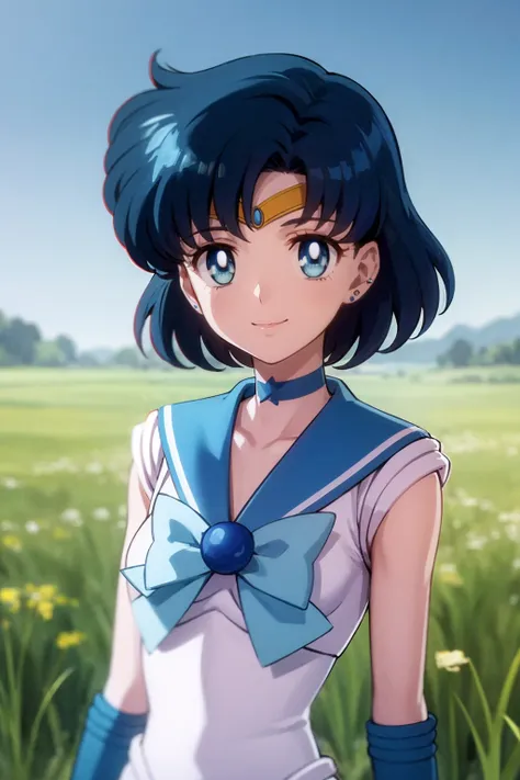 masterpiece, best quality,
1girl, sailor mercury, blue hair, short hair, blue eyes, tiara, bow, choker, sailor collar, earrings, elbow gloves, sailor collar, sailor senshi uniform, 
smile, upper body, solo, looking at viewer, blue sky, grass, meadow backgr...