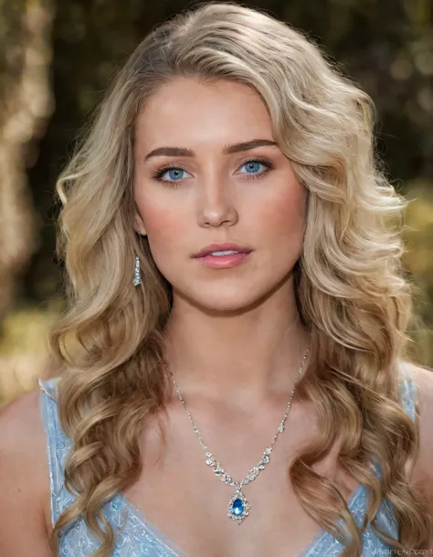 In this enchanting scene, the radiant, young Alli stands alone in a world of her own, captivated by the realistic beauty surrounding her. Her long, wavy hair cascades down her back as she shifts from blonde to blue eyes, gazing at the viewer with a delicat...