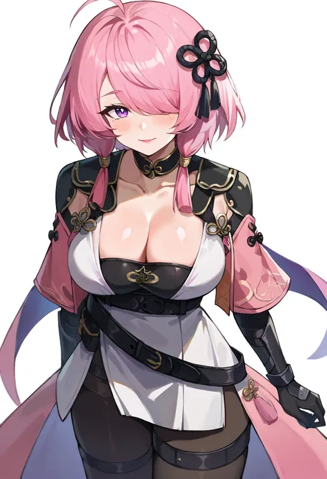 score_9,score_8_up,score_7_up,score_6_up,<lora:taoqi_xl_v2:1>taoqi-ww, 1girl, breasts, solo, pink hair, cleavage, large breasts, purple eyes, looking at viewer, blush, pantyhose, smile, thigh strap, bangs, closed mouth, dress, gloves, belt, shoulder armor,...