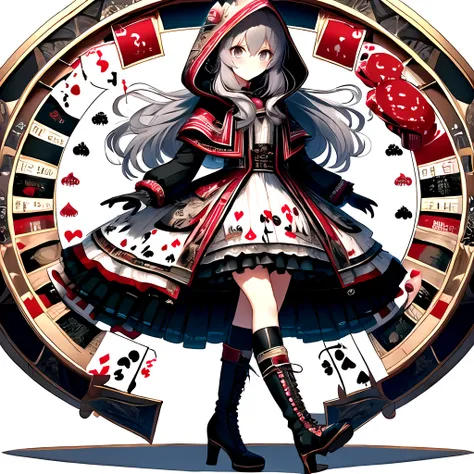 <lora:kajinoishou_v1:1>, kajinoishou, 1girl, solo, high heels, long hair, high heel boots, boots, hood, gloves, card, white gloves, looking at viewer, puffy sleeves, long sleeves, hood up, playing card, puffy long sleeves, grey eyes, bangs, dress, hair bet...