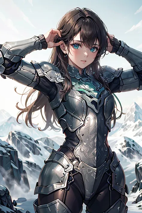 <lora:hxarmour_068:0.8>,mountain,hands behind head,, hxarmour,1girl,(green armour:1.3),, ultra-detailed,extremely delicate and b...