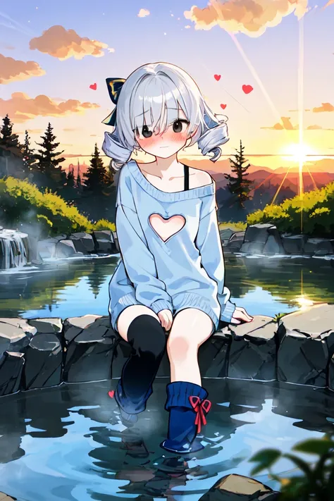 1girl kawaii petite minor eyeliner skindantation flat chest  (eyes visible through hair)
black eyes, 
pale silver hair, 
medium hair , 
, 
drill hair , 
crossed bangs, 
hair flaps , 
happy, 
embarrassed , 
- sky blue sweater, heart cutout indigo pants  soc...