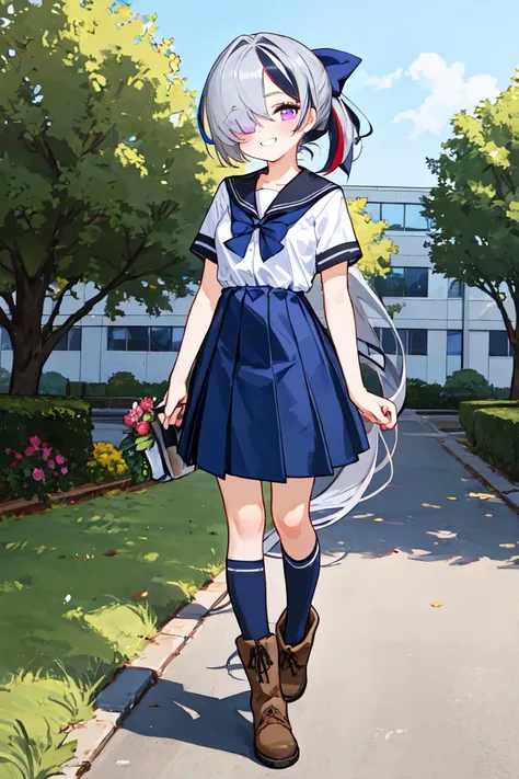 Masterpiece, highly detailed, 1girl, , teen , small breast , purple eyes, clear gray hair, very long hair , short hair, short ponytail, streaked hair , hair over one eye, hair flaps , Chuckling, , head_tilt standing , From a Distance, school uniform , navy...