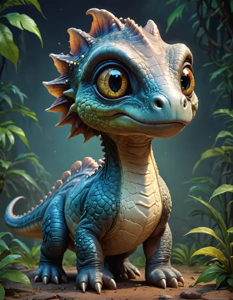 most cute fantasy animals of the world, different species, diplodocus based, big eyes, very scaly