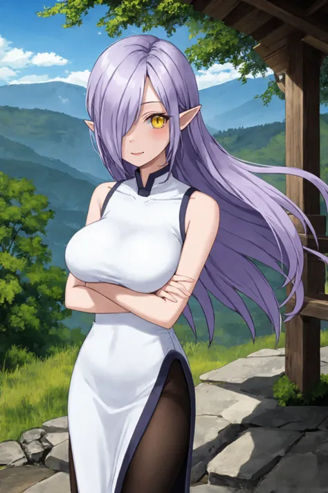 masterpiece, best quality
BREAK
kyarotto_olis, 1girl, solo, purple hair, very long hair, hair over one eye, pointy ears, yellow eyes, sleeveless dress, white dress, long dress, side slit, black pantyhose, large breasts, cowboy shot, looking at viewer, cros...