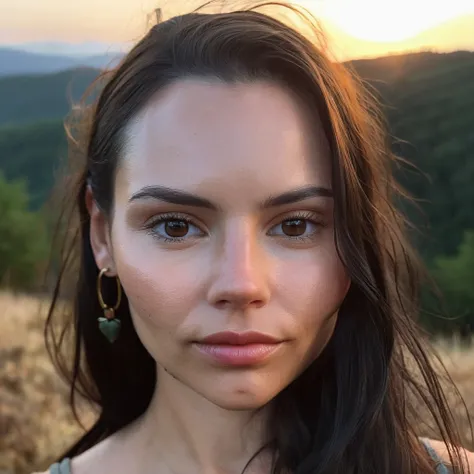 Skin texture, no makeup, Super high res closeup portrait photo of a woman outdoors in the evening in the forrest, sun setting behind the hills, serene,f /2.8, Canon, 85mm,cinematic, high quality,looking at the viewer,elxpowell, <lora:elpowell_juggerX_xl_1_...