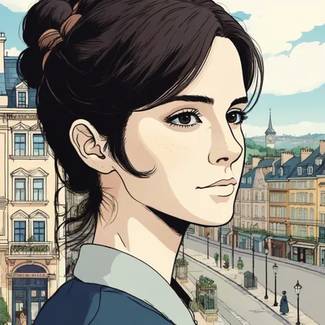 studio ghibli style illustration of the face of a woman looking at the viewer with a victorian city square in the background, , ...