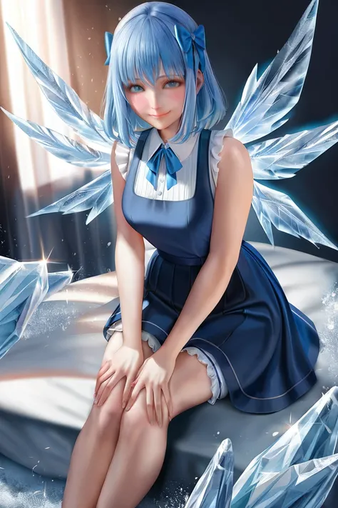 (best quality),(masterpiece),girl,bloomers,blue bow,blue dress,blue eyes,blue hair,blush,bow,closed mouth,detached wings,dress,hair bow,hands on own knees,ice,ice wings,looking at viewer,medium hair,pinafore dress,sitting,sleeveless,sleeveless dress,smile,...