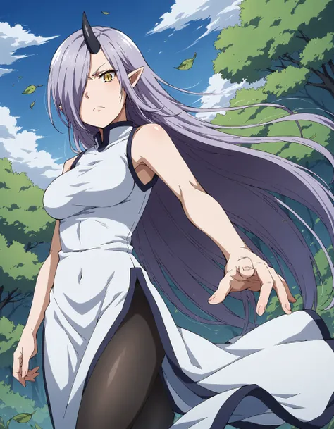 score_9, score_8_up, score_7_up, score_6_up, score_5_up, score_4_up, source_anime, anime coloring
BREAK
kyarotto_olis, 1girl, solo, purple hair, very long hair, hair over one eye, pointy ears, yellow eyes, sleeveless dress, white dress, long dress, side sl...