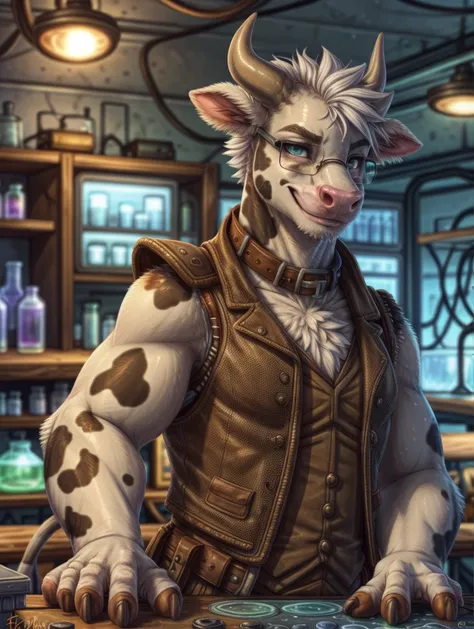 steampunk art, solo, portrait, male focus, cattle, glistening eyes, curved horns, collar, glasses, vest, hands, finger claws, holding object, smile, lab room, by dimwitdog, by fluff-kevlar, by redishdragie