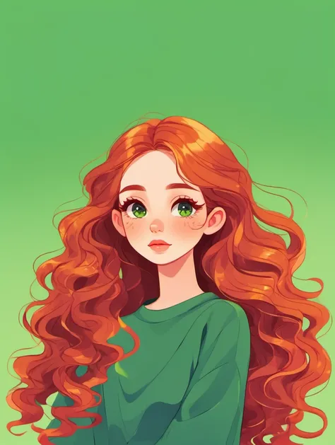 masterpiece,high quality,a girl,long red hair and curly hair,wearing green clothes,green gradient background,J_illustration,