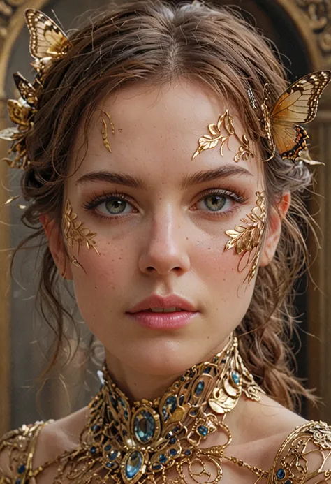 photo, 8k portrait of beautiful cyborg with brown hair, intricate, elegant, highly detailed, majestic, digital photography, art by artgerm and ruan jia and greg rutkowski surreal painting gold butterfly filigree, broken glass, (masterpiece, side lighting, ...