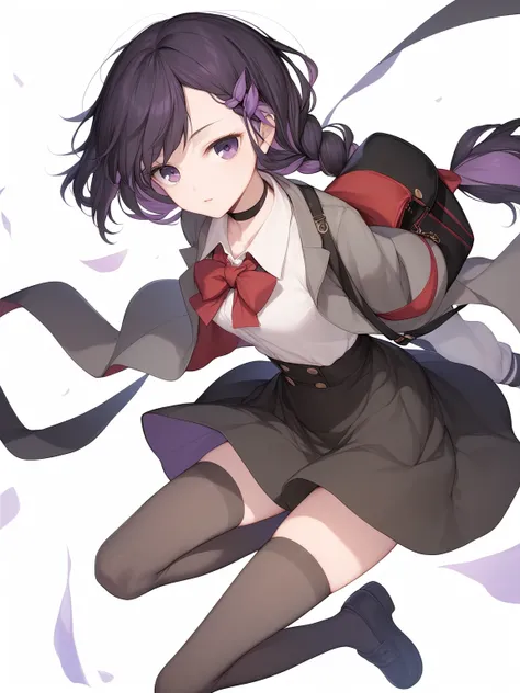 (score_9,score_8_up,score_7_up,),1girl,miki zf,fingerless gloves,thighhighs,black hair,purple eyes,simple background,white background,red bow,shirt,shoes,black choker,looking at viewer,long hair,braid,jacket,high-waist skirt,hair ribbon,arms at sides,purpl...