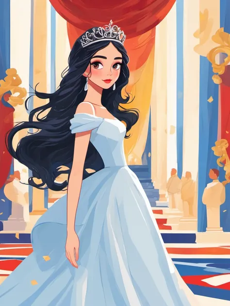 masterpiece,high quality,A girl with black long hair,wearing a crown,wearing a princess dress,walking on the red carpet,J_illustration,