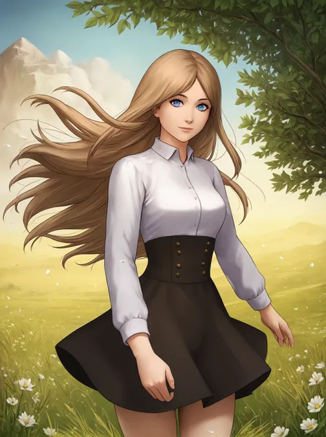 score_9, 
<lora:matoc_v1_lite:1>, 
1girl, 
long hair, light brown hair, brown hair, blue eyes, 
black high waist skirt, white shirt, 
looking at viewer, light smile, 
cowboy shot, 
outdoors, flowers, grass, 
hair in wind, 
high resolution, Masterpiece, det...