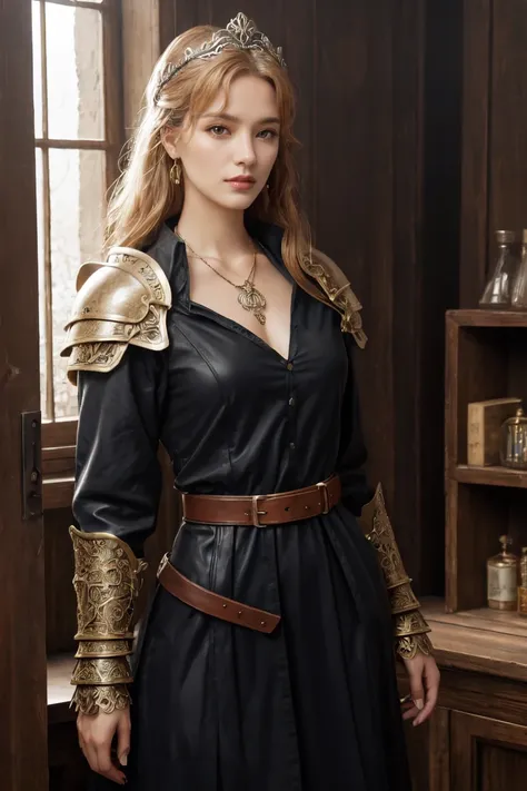 (Absurdres, Absurd Amount of Details, Intricate Details, Masterpiece, Best Quality, High Resolution, 8k),
studded belt,dog,leather breastplate,(DarkFantasy:0.4),
dress,
at high noon,
gloomy,
chocolate brown,
long and messy,
holy symbol,
feathered cap, mehe...