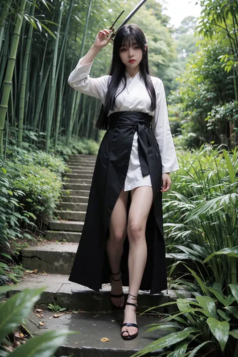 ,An_18_year_old_Coco_woman,1girl,solo,black hair,realistic,looking at viewer,bangs,
hanfu,bamboo forest,falling bamboo leaves,a lush bamboo forest,(full_shot:1.3),(A Xiake:1.2),(holding a sword:1.1),fighting,dynamic pose,power supply particles,<lora:å­å¥³...