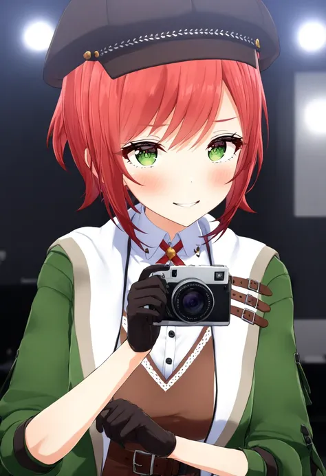 Akari_outfit1,green jacket,camera,hat,looking at viewer,night,dark,gloves,evil smile,<lora:Akari>,
modern room,
standing,pose,close-up.,face focus,breast focus,patr,, cinematic light,masterpiece,best quality,very aesthetic,absurdres,incredibly absurdres,<l...