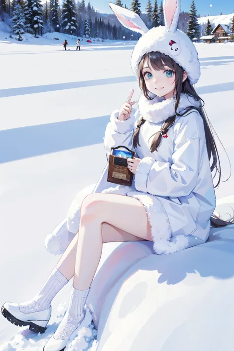 ((best quality, masterpiece, absurbres, super-resolution)) 1 girl, snow bunny, chilling, playing with snow, thick snow, crystal snow, snow field