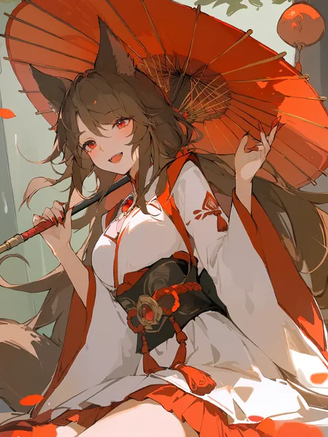 1girl, 
solo, red eyes, oil-paper umbrella, fingernails, long hair, nail polish, red nails, umbrella, long sleeves, white dress, brooch, animal ears, holding umbrella, wide sleeves, open mouth, long fingernails, holding, blush, sharp fingernails, jewelry, ...