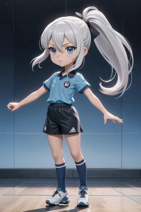 (masterpiece),best quality,anime screencap,anime coloring,anime style,soccer uniform,soccer ball,1girl,morgan le fay (fate),solo,soccer,long hair,sportswear,blue eyes,chibi,ball,shorts,bow,hair bow,very long hair,black shorts,braid,black bow,bangs,grey hai...