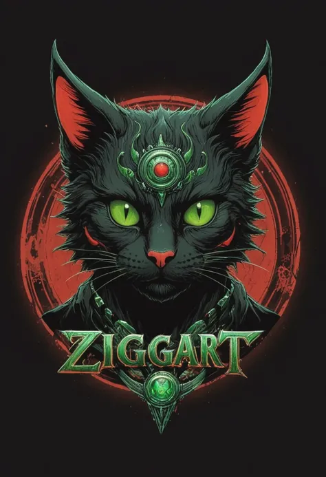 logo, vector, black, red, green, (TEXT: "ZIGGART"), mystic fantasy cyberpunk steampunk cat, extremly detailed.