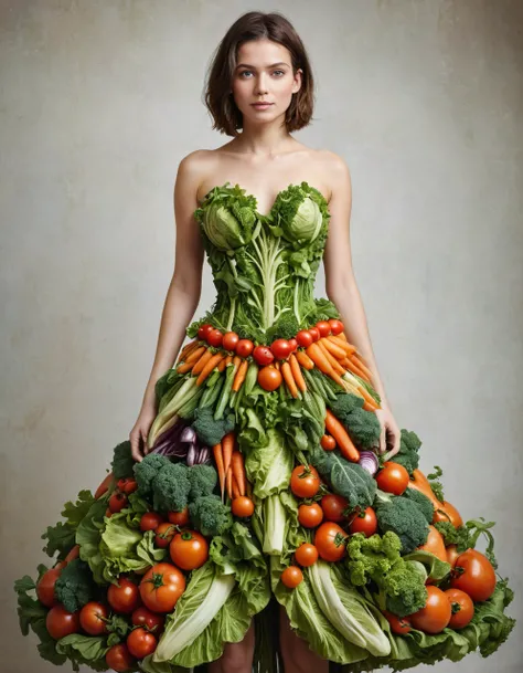 woman in a dress made of vegetables