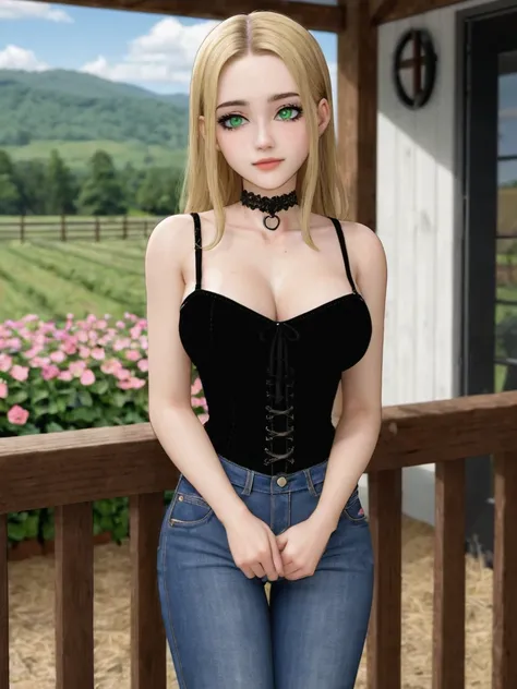 (source_anime), young sweet european woman, cute goth, blonde hair, choker, green eyes, large breasts, lewd face, black corset, jeans, (Background wood balcony, flowers, farmhouse)