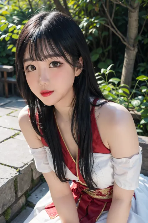 ,wxc_adl_aaa,1girl,solo,black hair,looking at viewer,realistic,parted lips,bangs,long hair,lips,smile,brown eyes,close-up,traditional media,black eyes,blush,ancient china,han 1girl,red,
the girl was walking in the forest wearing hanfu and white stockings,<...