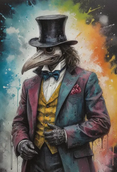 Plague Doctor dressed in a muti-colored flannel tuxedo, top hat, surrounded by bubbling, splatering, and checkered cloud-like ink. Include an exquisite angels wing with a radiant halo and a menacing demons wing with a horn. Set this against a backdrop rese...