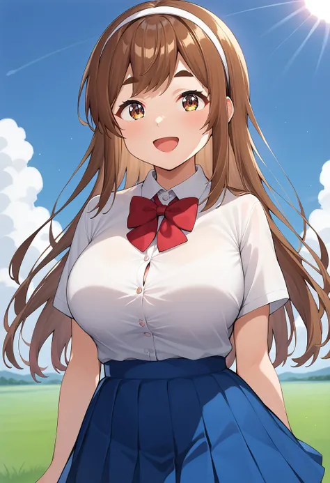 1girl, solo, (field:1.2), (sky:1.2), (sunlight:1.2), smile, open mouth, cowboy shot, large breasts, 
nobukuni_nodoka, brown eyes, brown hair, long hair, thick eyebrows, white hairband, school uniform, red bowtie, white shirt, short sleeves, collared shirt,...