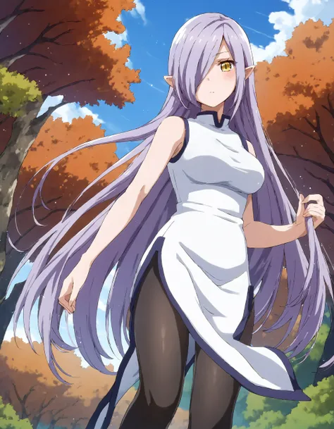 score_9, score_8_up, score_7_up, source_anime
BREAK
kyarotto_olis, 1girl, solo, purple hair, very long hair, hair over one eye, pointy ears, yellow eyes, sleeveless dress, white dress, long dress, side slit, black pantyhose, looking at viewer, blush, wind ...