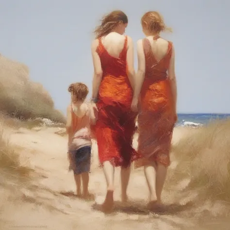 red, adding texture and depth to the foreground. The warm color palette and the relaxed poses of the figures evoke a feeling of carefree summer days and youthful innocence., dreamlike atmosphere.  The subject matter deals with themes of vulnerability and e...