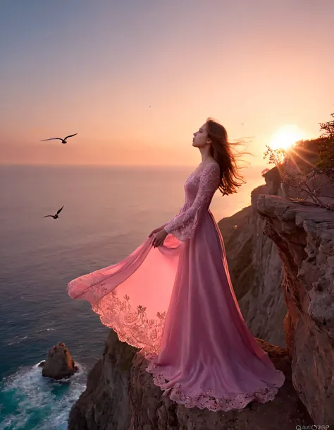 A woman, her eyes aglow with passion, stands on the edge of a majestic cliff, overlooking an azure ocean as the sun sets; dressed in a long pink gown with delicate lace cuffs and intricate designs, her soft brown hair flows freely while she focuses solely ...